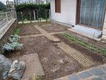 Une vue d'ensemble du potager avec ses trois pieds d'artichauts, deux rangs de fèves, quelques salades, deux rangs d'ails contre le mur et au fonds 20 pieds d'asperges.