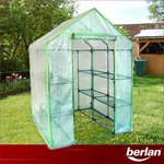 iche de données<br />Hauteur crête	195 cm<br />Hauteur égout des eaux de pluie	155 cm<br />Forme de toit	toit en pente<br />Surface	2,1 m²<br />Capacité	3,6 m³<br />Dimmensios (LxLxH)	143 x 143 x 195 cm<br />Étagère d'élevage	2 pièces<br />Étagère de rangement <br />65 x 49 cm	16 pièces<br />Nombre encadrement de travers	3 pièces<br />Encadrement tuyau	Ø 16 mm<br />UV-stabilisée feuille PE	135 g/m²<br />Entrée déroulable et fermable	env. 68 x 160 cm