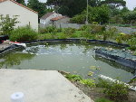 c'est temporaire les gaines blanches et rouge,<br />l'eau est plus claire, mais du fait que le niveau de l'eau diminue on voit la vase au fond du bassin!